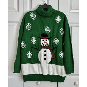Ugly Christmas Sweater Women's Size 1X Green Snowman Turtleneck Pullover Knit